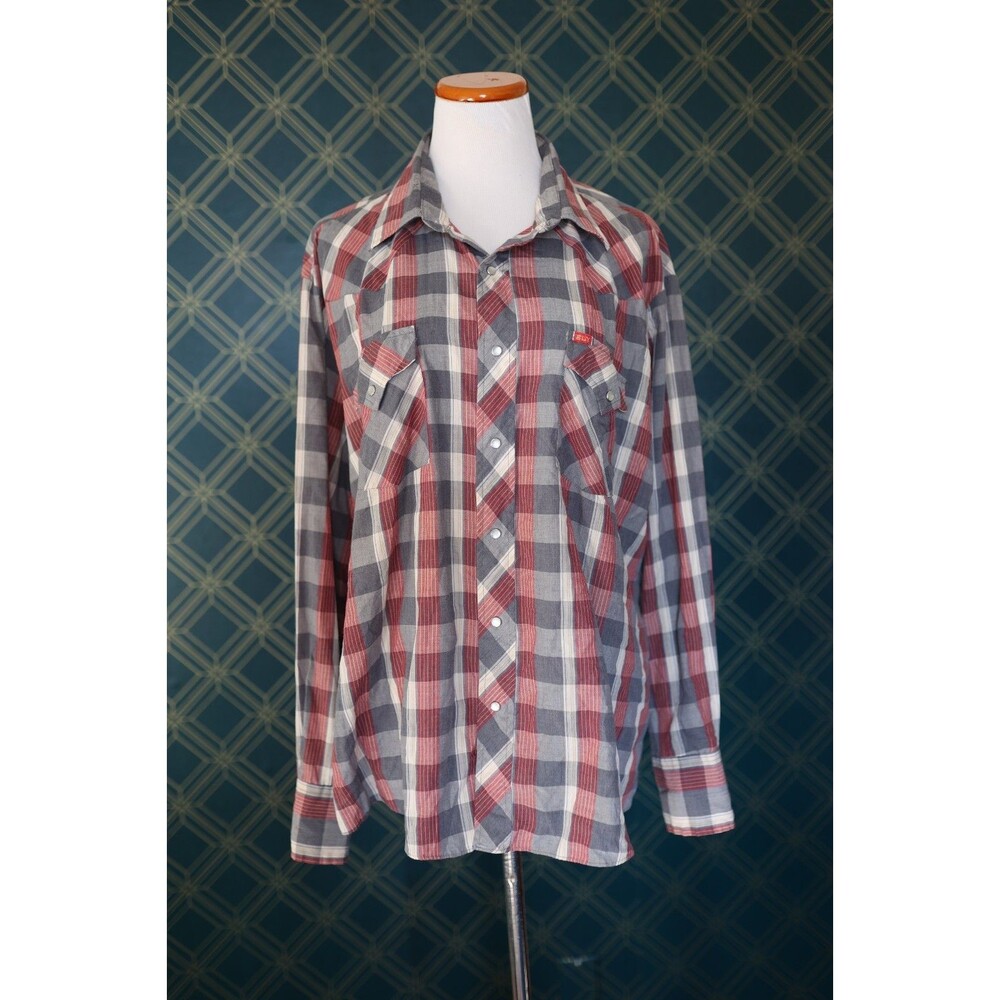Vintage Men's ELY Plains Red Gray Plaid Long Sleeve Pearl Snap Western 34